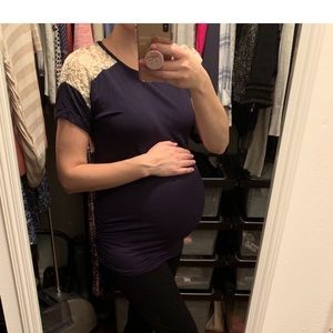 Blue maternity top with lace detail